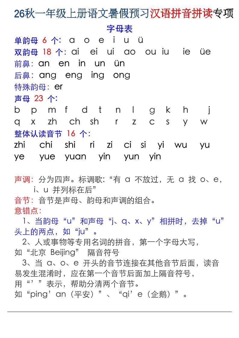 26秋一年级上册语文暑假预习汉语拼音拼读专项金榜学科-专注整理分享幼、小、初、高学科教资,一站式解决孩子学习资料难题,帮助孩子全方位提升成绩。金榜学科