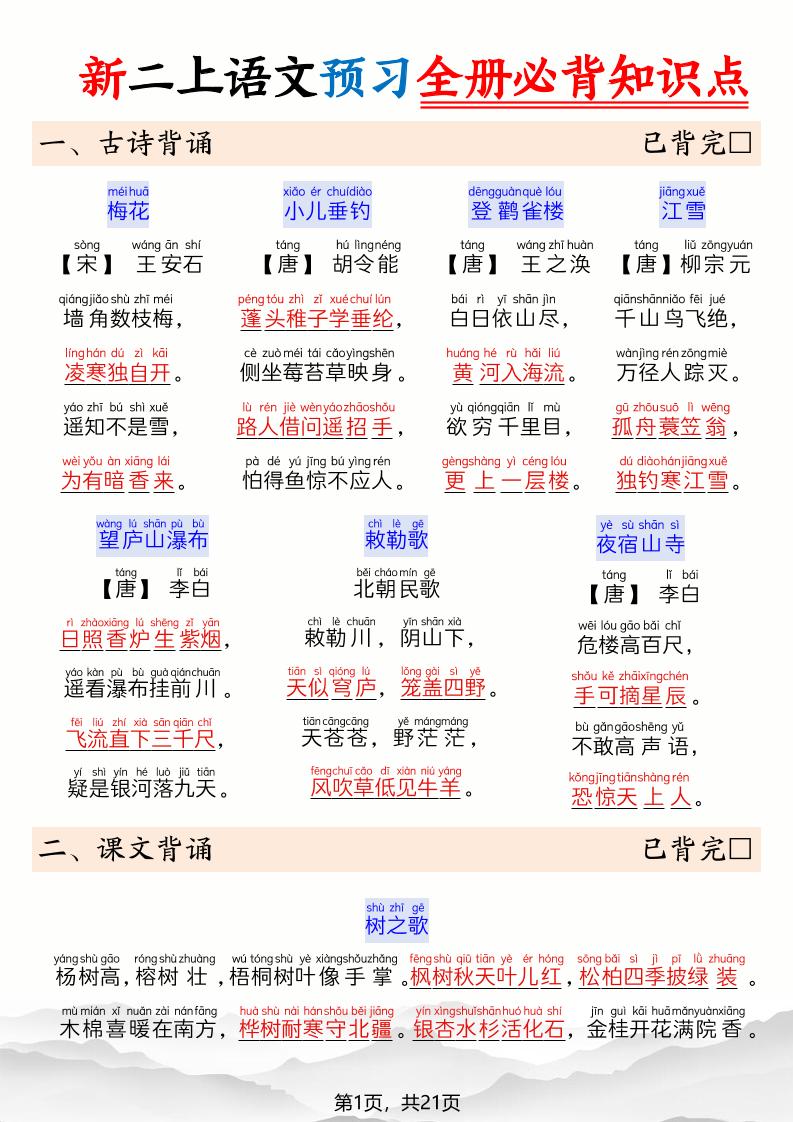 26新二上语文暑假预习全册必背知识点21页金榜学科-专注整理分享幼、小、初、高学科教资，一站式解决孩子学习资料难题，帮助孩子全方位提升成绩。金榜学科