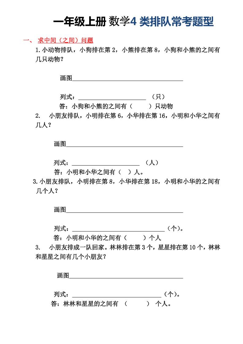 一年级上册数学4类排队常考题型金榜学科-专注整理分享幼、小、初、高学科教资，一站式解决孩子学习资料难题，帮助孩子全方位提升成绩。金榜学科