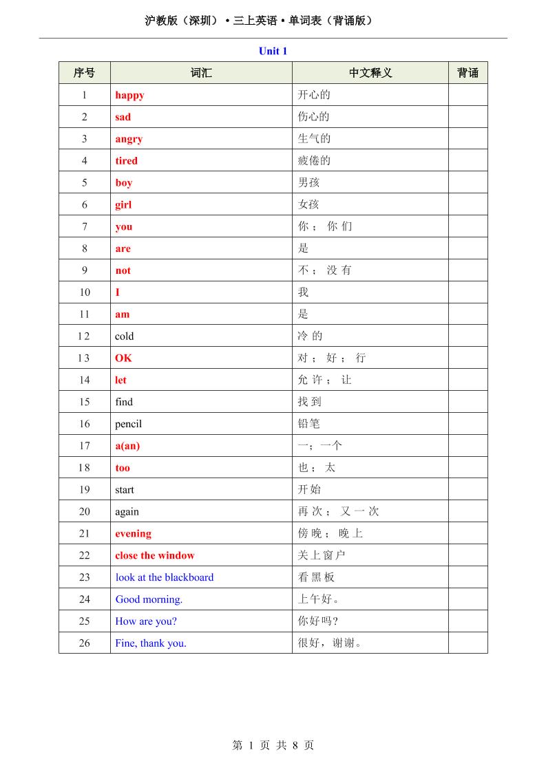 沪教版（深圳）·三上英语·单词表（背诵版）金榜学科-专注整理分享幼、小、初、高学科教资，一站式解决孩子学习资料难题，帮助孩子全方位提升成绩。金榜学科