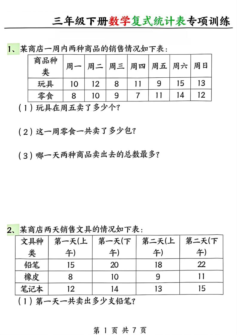 三年级下册数学复式统计表专项训练金榜学科-专注整理分享幼、小、初、高学科教资，一站式解决孩子学习资料难题，帮助孩子全方位提升成绩。金榜学科
