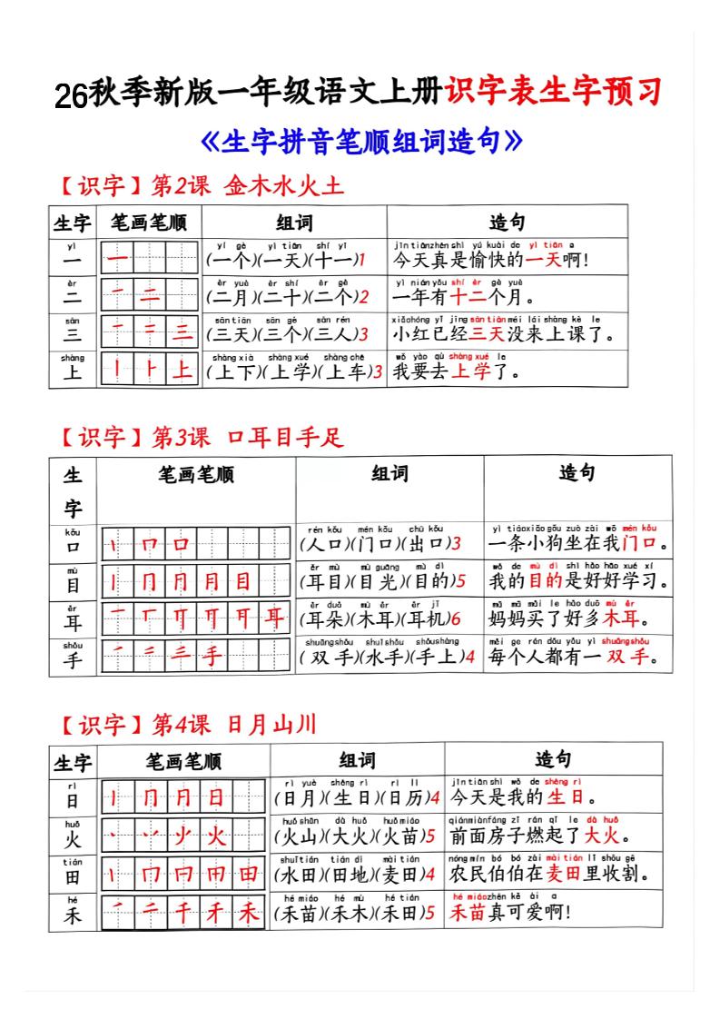 26秋季新版一年级语文上册识字表生字预习金榜学科-专注整理分享幼、小、初、高学科教资，一站式解决孩子学习资料难题，帮助孩子全方位提升成绩。金榜学科