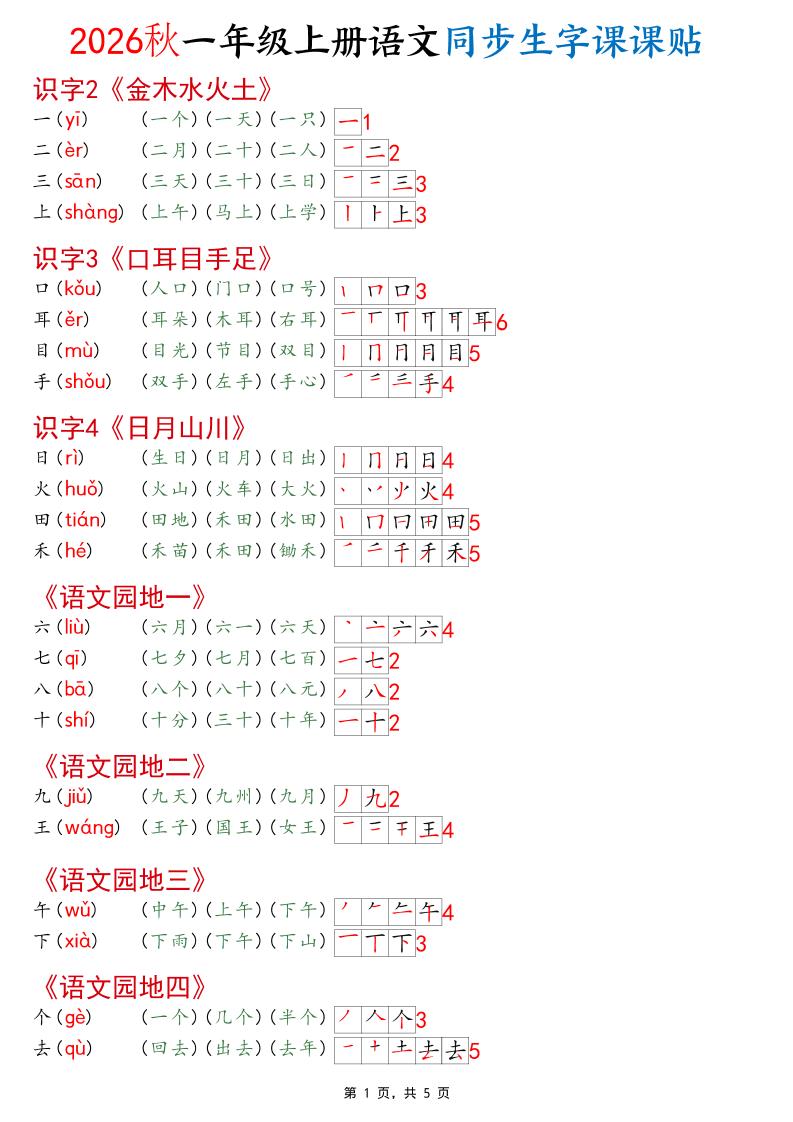 2026秋一年级上语文同步生字课课贴（开学必备）金榜学科-专注整理分享幼、小、初、高学科教资，一站式解决孩子学习资料难题，帮助孩子全方位提升成绩。金榜学科