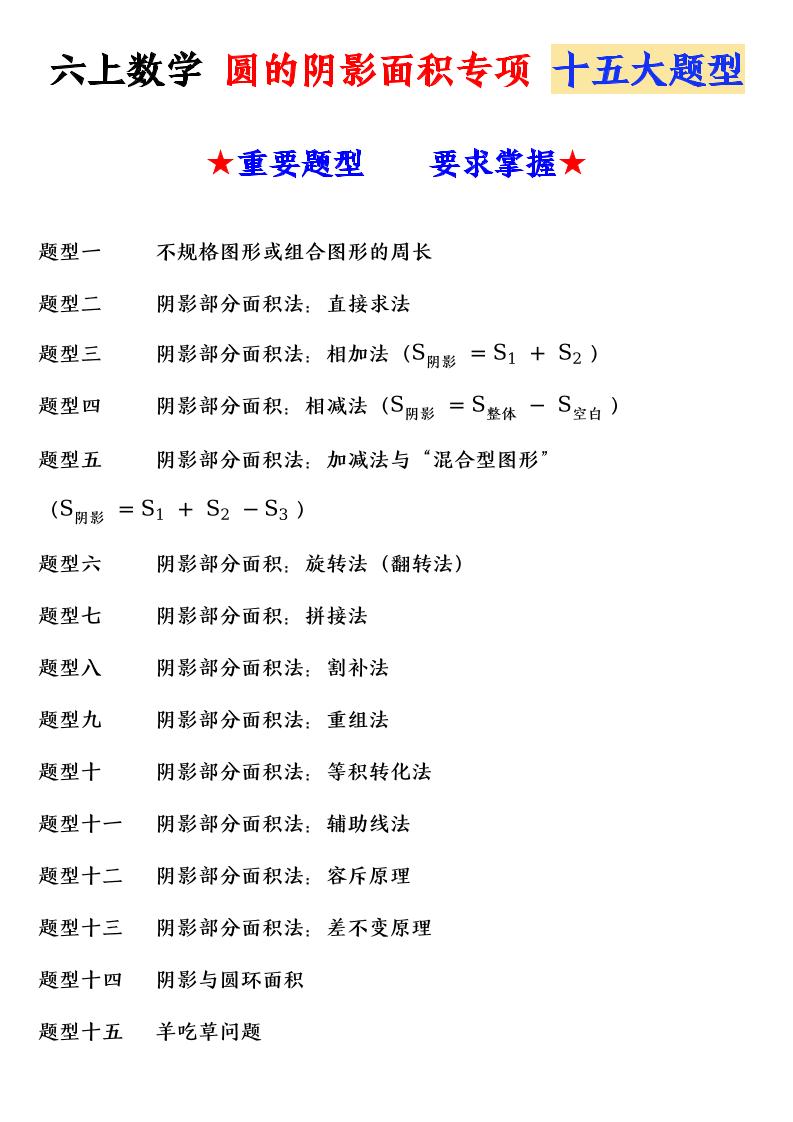 六上数学圆的阴影面积专项十五大题型金榜学科-专注整理分享幼、小、初、高学科教资，一站式解决孩子学习资料难题，帮助孩子全方位提升成绩。金榜学科