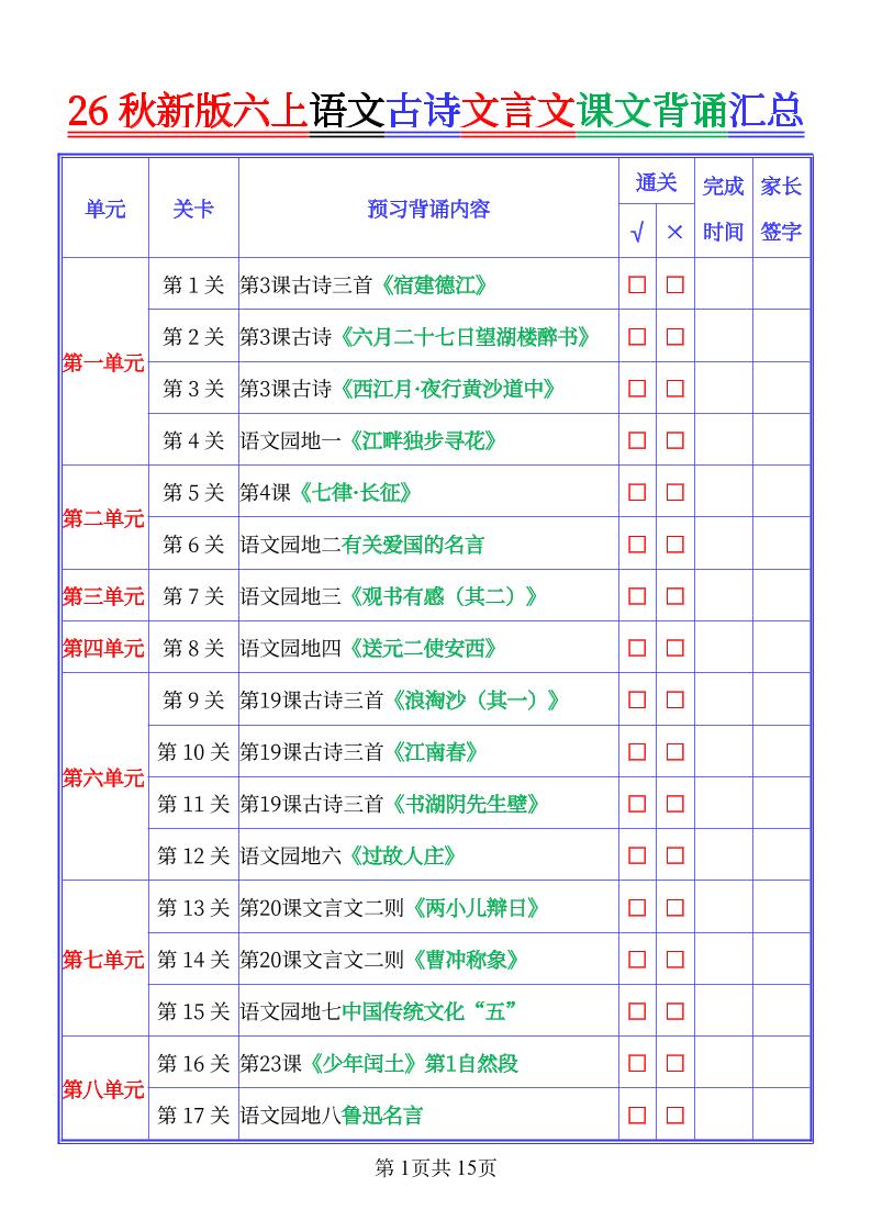 26秋新六上语文古文文言文课文背诵内容汇总-背诵版金榜学科-专注整理分享幼、小、初、高学科教资，一站式解决孩子学习资料难题，帮助孩子全方位提升成绩。金榜学科