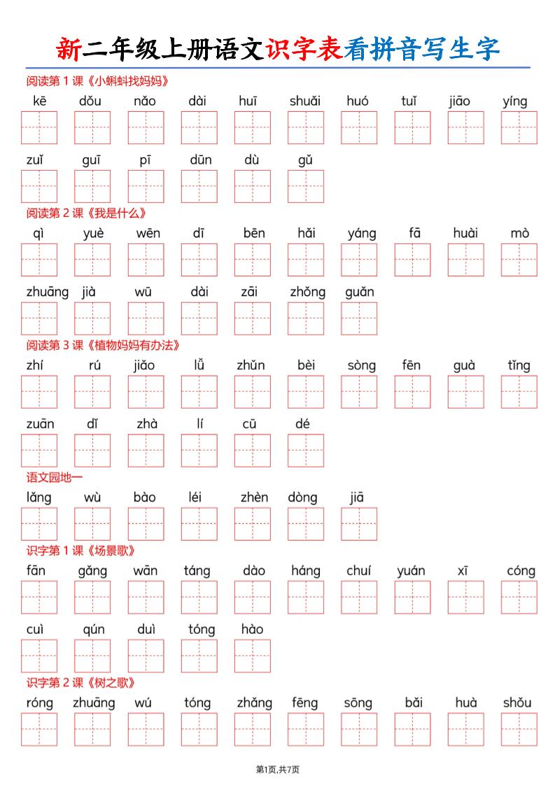 26新二上语文识字表看拼音写生字（含答案14页金榜学科-专注整理分享幼、小、初、高学科教资，一站式解决孩子学习资料难题，帮助孩子全方位提升成绩。金榜学科