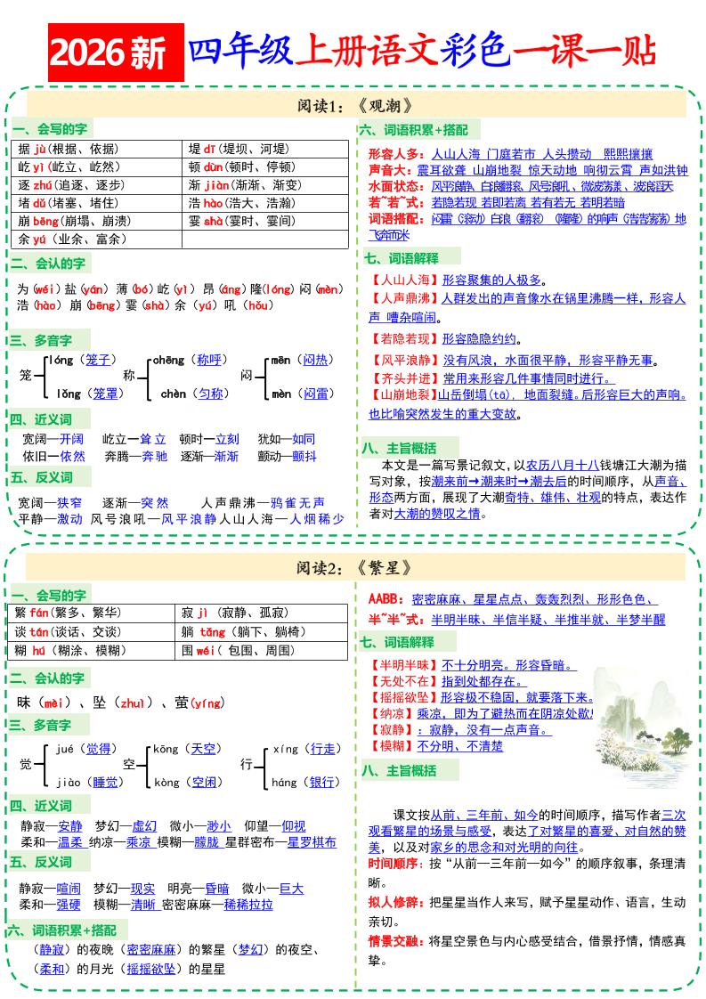 26新四上语文彩色一课一贴18页金榜学科-专注整理分享幼、小、初、高学科教资，一站式解决孩子学习资料难题，帮助孩子全方位提升成绩。金榜学科