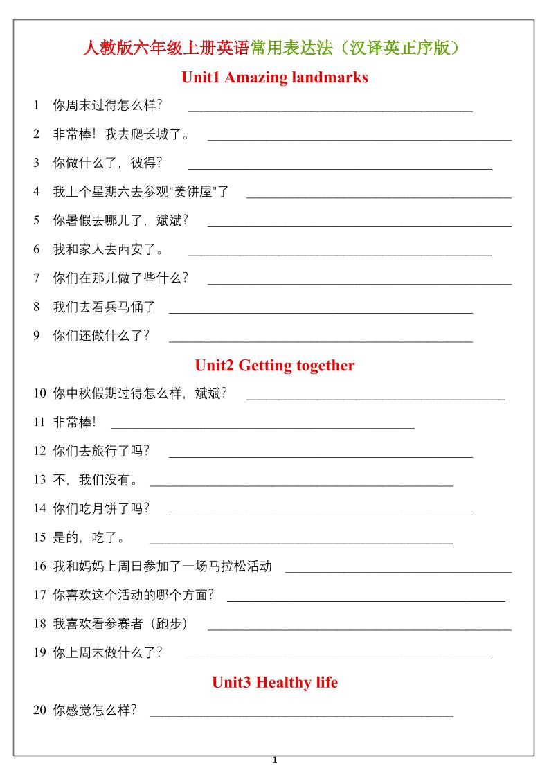 六年级上册英语常用表达法（汉译英）正序版＋乱序版金榜学科-专注整理分享幼、小、初、高学科教资，一站式解决孩子学习资料难题，帮助孩子全方位提升成绩。金榜学科
