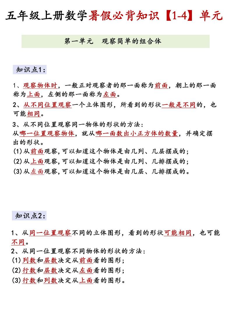 26新五上数学【1-4】单元必背知识《人教版》金榜学科-专注整理分享幼、小、初、高学科教资，一站式解决孩子学习资料难题，帮助孩子全方位提升成绩。金榜学科