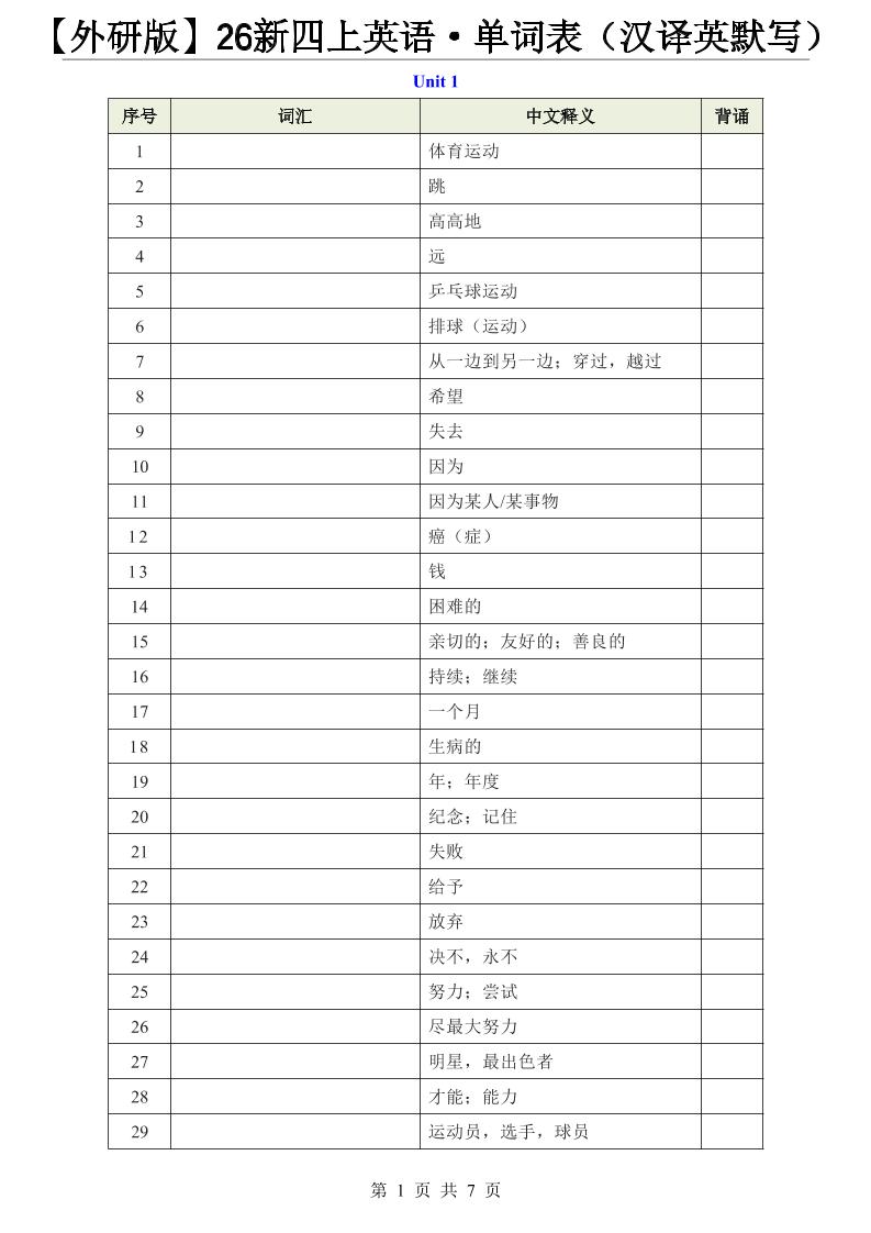 【外研版】26新四上英语·单词表（汉译英默写）金榜学科-专注整理分享幼、小、初、高学科教资，一站式解决孩子学习资料难题，帮助孩子全方位提升成绩。金榜学科