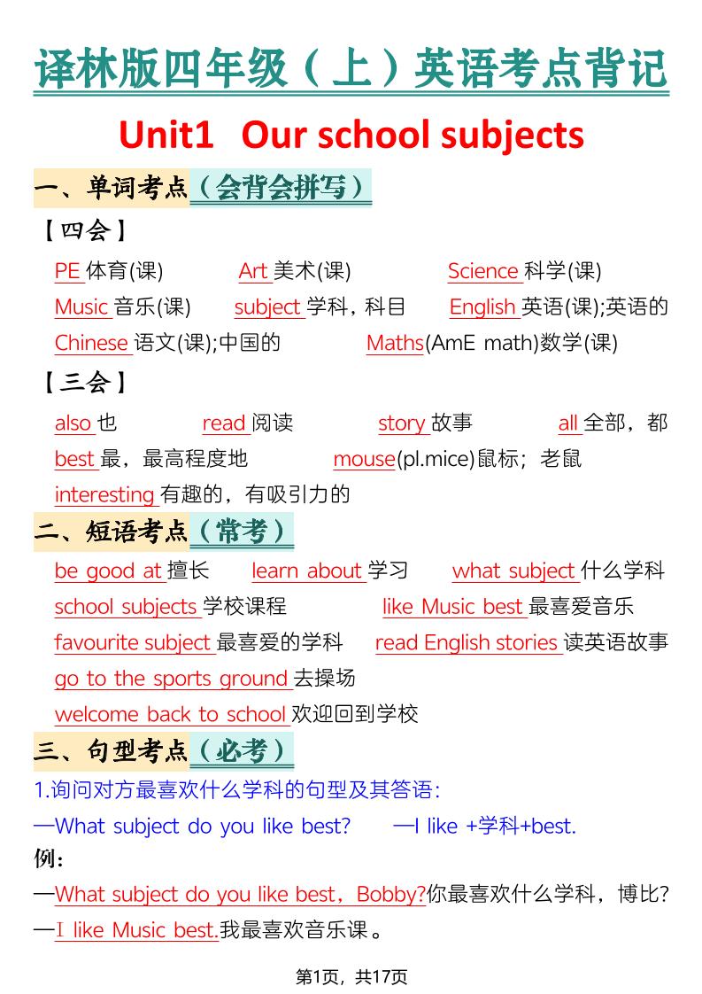 新四年级上册英语译林版考点背记金榜学科-专注整理分享幼、小、初、高学科教资，一站式解决孩子学习资料难题，帮助孩子全方位提升成绩。金榜学科