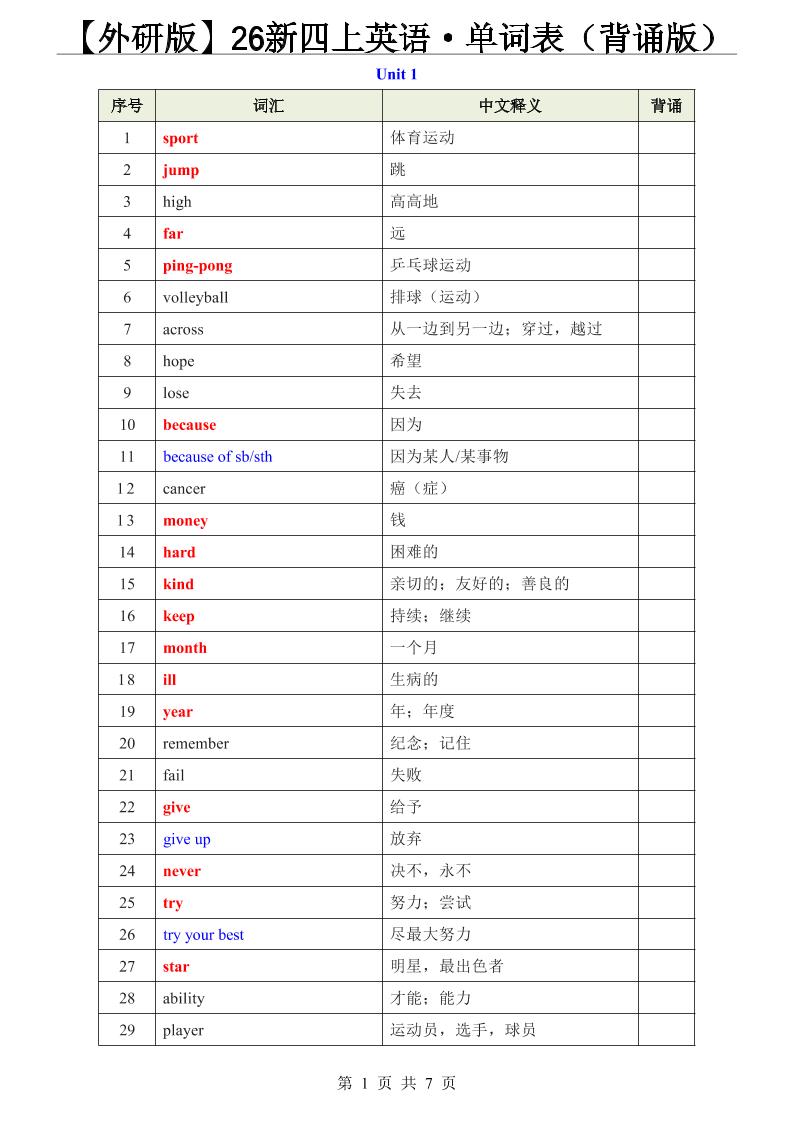 【外研版】26新四上英语·单词表（背诵版）金榜学科-专注整理分享幼、小、初、高学科教资，一站式解决孩子学习资料难题，帮助孩子全方位提升成绩。金榜学科