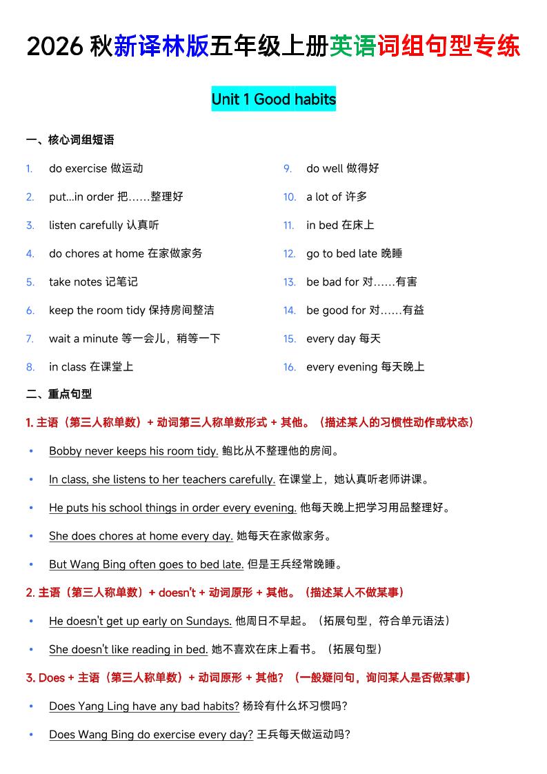 新译林版五年级上册英语U1-U8词组句型专项训练金榜学科-专注整理分享幼、小、初、高学科教资，一站式解决孩子学习资料难题，帮助孩子全方位提升成绩。金榜学科