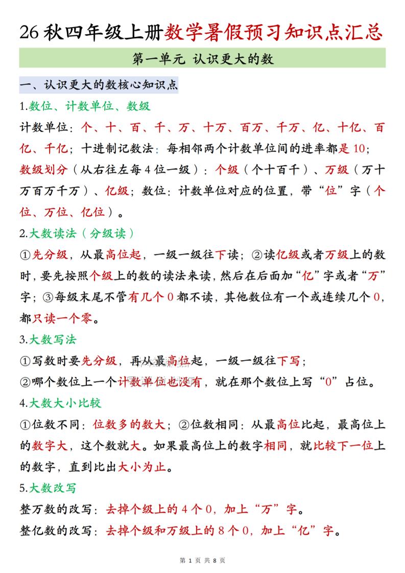 26秋四上北师大版数学数学知识点汇总8页金榜学科-专注整理分享幼、小、初、高学科教资，一站式解决孩子学习资料难题，帮助孩子全方位提升成绩。金榜学科