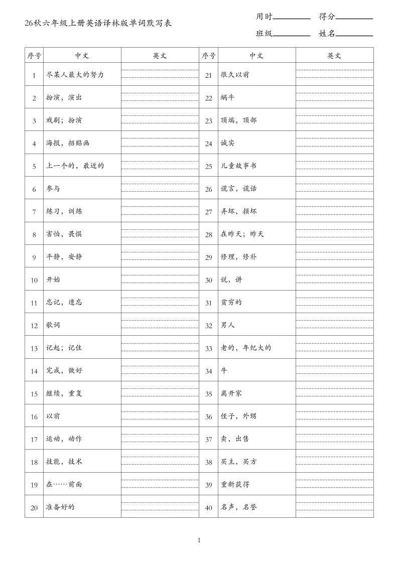 26秋六年级上册英语译林版单词默写表金榜学科-专注整理分享幼、小、初、高学科教资，一站式解决孩子学习资料难题，帮助孩子全方位提升成绩。金榜学科