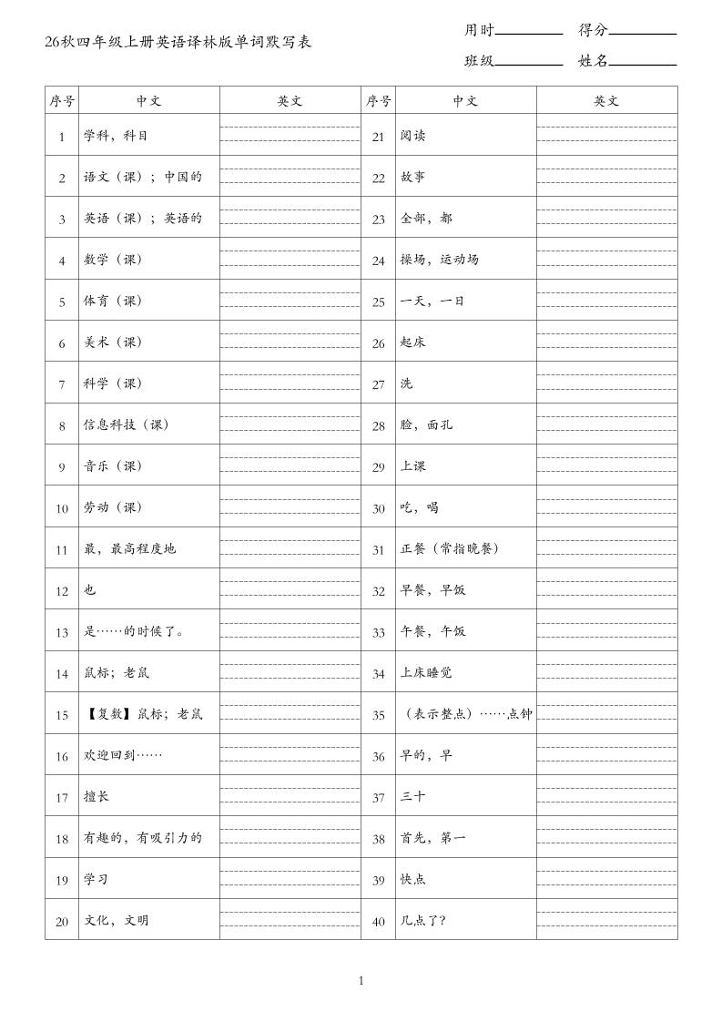 26秋四年级上册英语译林版单词默写表金榜学科-专注整理分享幼、小、初、高学科教资，一站式解决孩子学习资料难题，帮助孩子全方位提升成绩。金榜学科