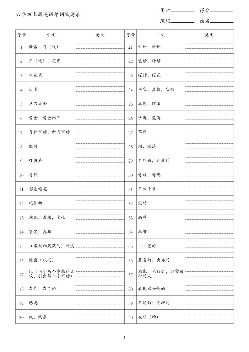 新六上英语单词背诵表（中译英）《外研版》金榜学科-专注整理分享幼、小、初、高学科教资，一站式解决孩子学习资料难题，帮助孩子全方位提升成绩。金榜学科