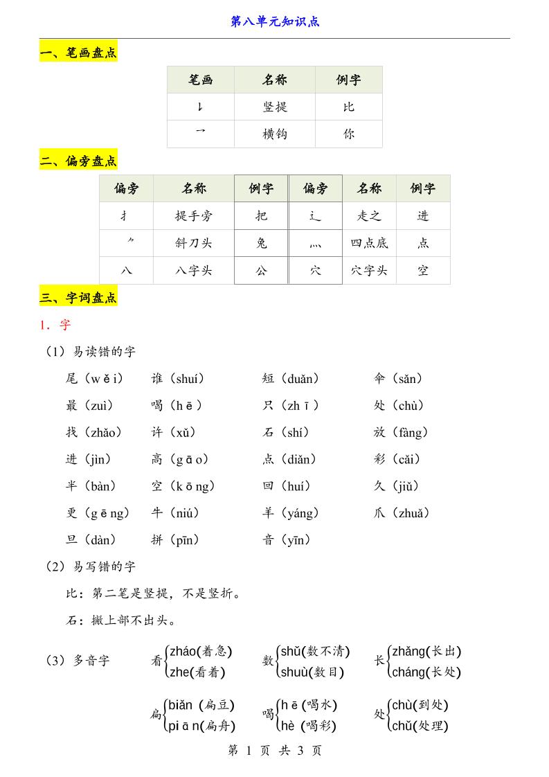 新一上语文第8单元（知识点）金榜学科-专注整理分享幼、小、初、高学科教资，一站式解决孩子学习资料难题，帮助孩子全方位提升成绩。金榜学科