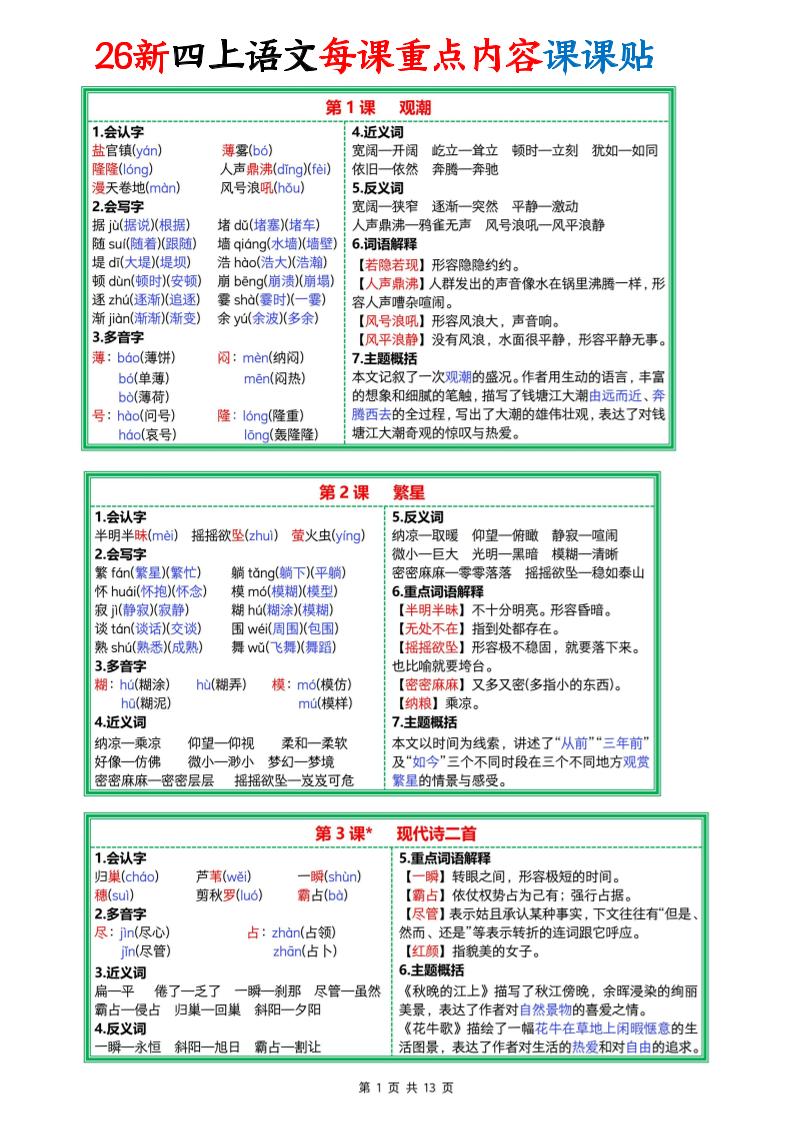 26新四上语文每课重点内容课课贴13页金榜学科-专注整理分享幼、小、初、高学科教资，一站式解决孩子学习资料难题，帮助孩子全方位提升成绩。金榜学科