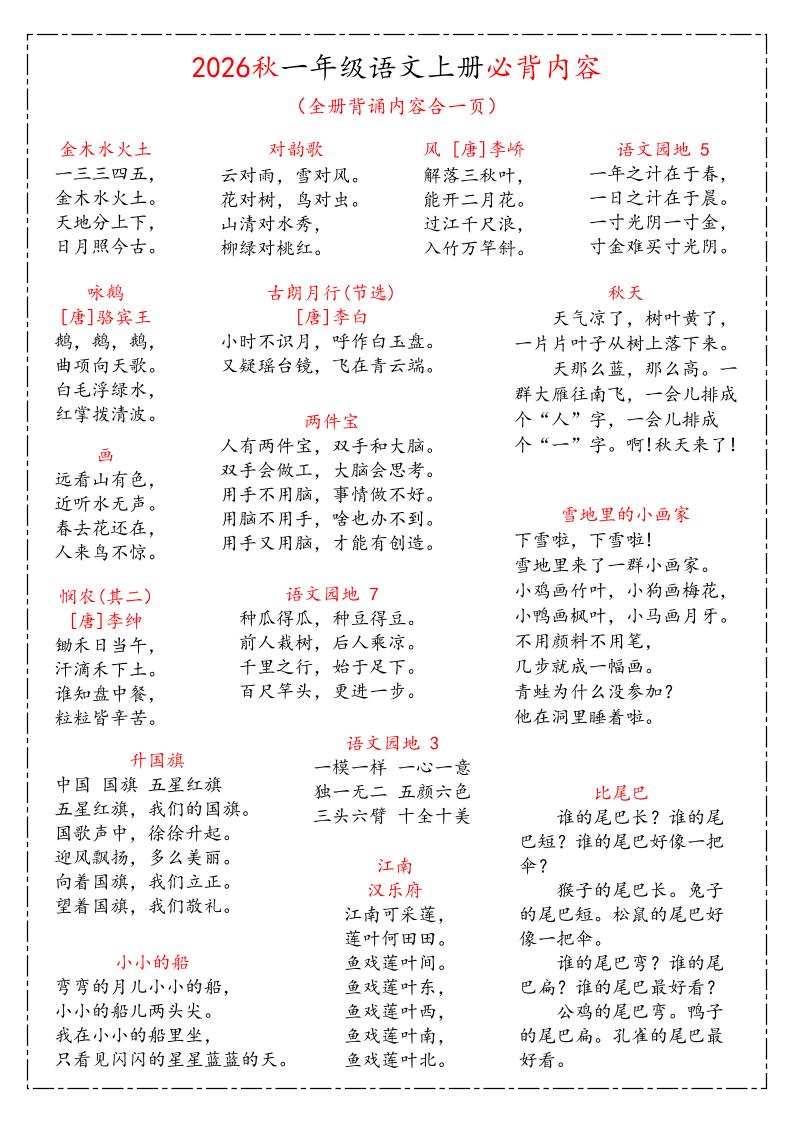 26秋一上语文《课本必背知识汇总》金榜学科-专注整理分享幼、小、初、高学科教资，一站式解决孩子学习资料难题，帮助孩子全方位提升成绩。金榜学科