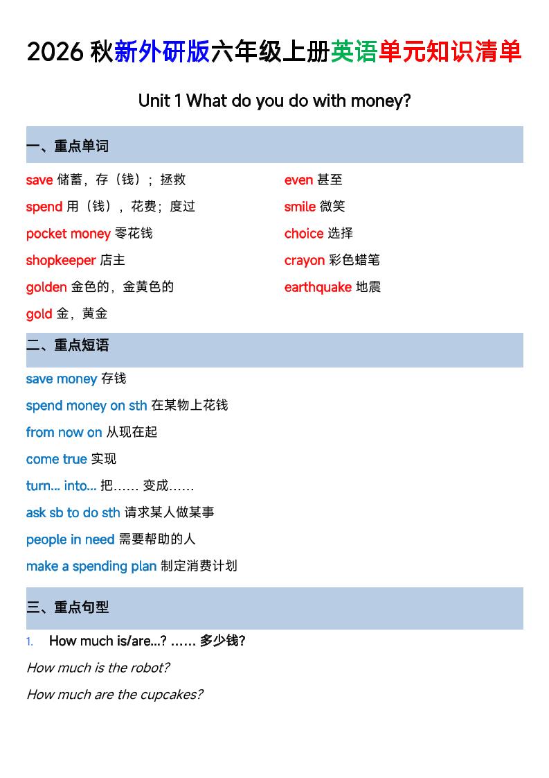外研社版六年级英语上册全单元知识清单金榜学科-专注整理分享幼、小、初、高学科教资，一站式解决孩子学习资料难题，帮助孩子全方位提升成绩。金榜学科