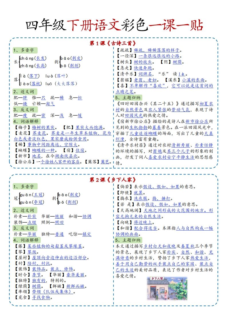 四年级下语文彩色一课一贴全金榜学科-专注整理分享幼、小、初、高学科教资，一站式解决孩子学习资料难题，帮助孩子全方位提升成绩。金榜学科