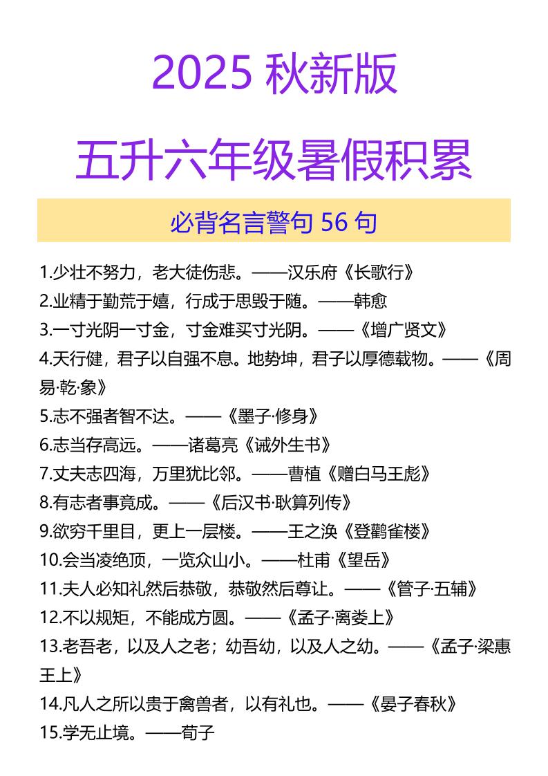 【2025秋新版】五升六年级暑假积累必背名言警句56句-六上语文金榜学科-专注整理分享幼、小、初、高学科教资，一站式解决孩子学习资料难题，帮助孩子全方位提升成绩。金榜学科