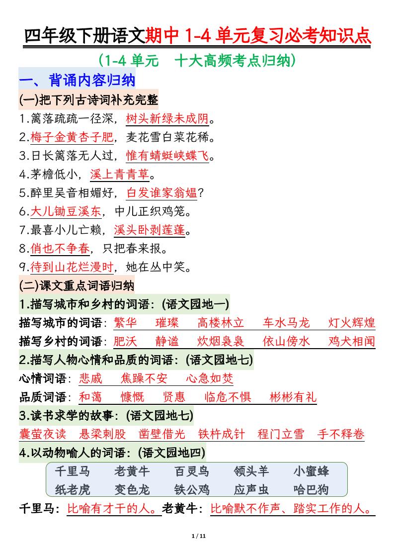 四下语文期中复习必考知识点金榜学科-专注整理分享幼、小、初、高学科教资，一站式解决孩子学习资料难题，帮助孩子全方位提升成绩。金榜学科