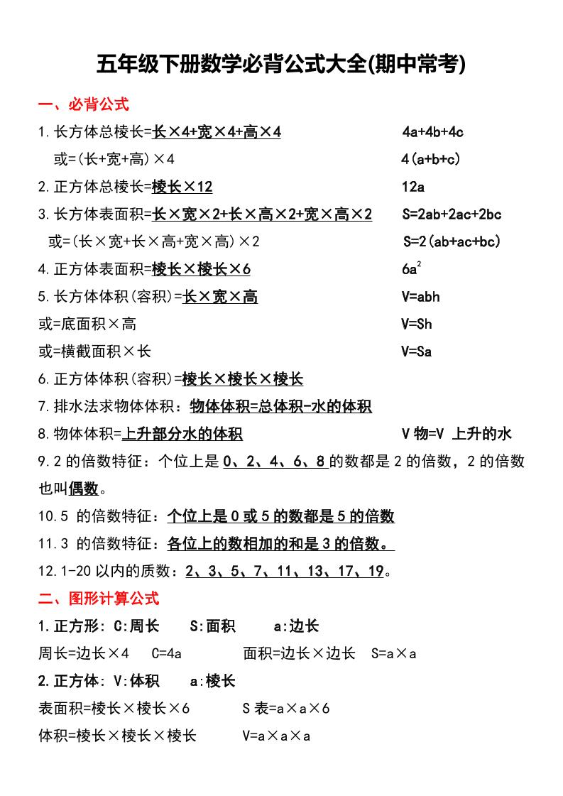 五年级下册数学必背公式大全(期中常考)金榜学科-专注整理分享幼、小、初、高学科教资，一站式解决孩子学习资料难题，帮助孩子全方位提升成绩。金榜学科