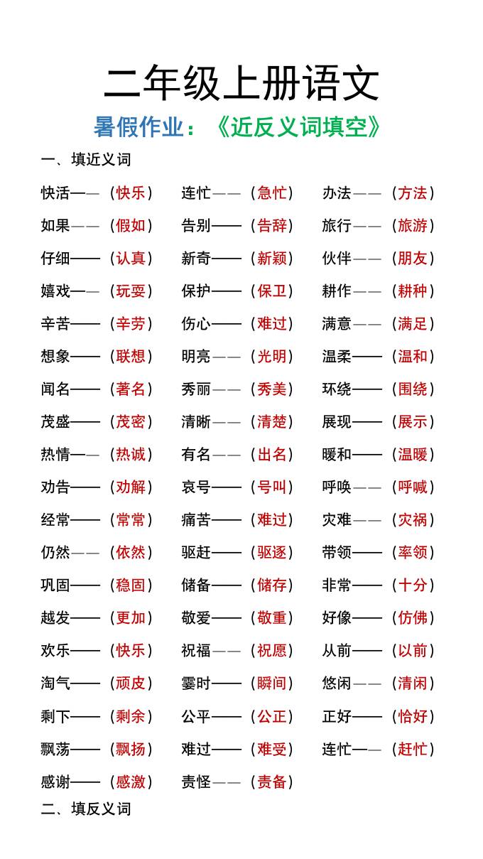 二年级上册语文暑假作文《近义词反义词填空》金榜学科-专注整理分享幼、小、初、高学科教资，一站式解决孩子学习资料难题，帮助孩子全方位提升成绩。金榜学科