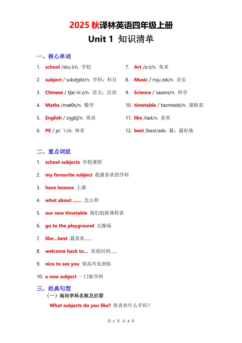 2025秋译林英语四上Unit1知识清单金榜学科-专注整理分享幼、小、初、高学科教资，一站式解决孩子学习资料难题，帮助孩子全方位提升成绩。金榜学科