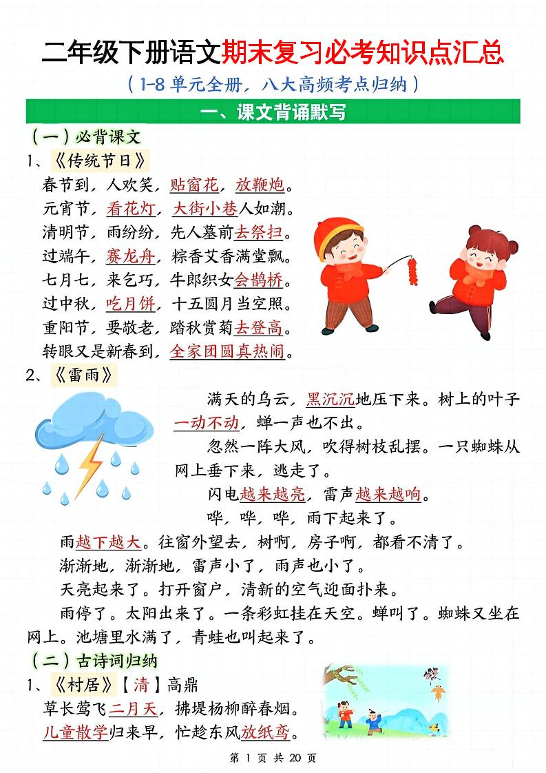 二下语文期末复习全册必考知识点汇总（八大高频考点归纳）20页金榜学科-专注整理分享幼、小、初、高学科教资，一站式解决孩子学习资料难题，帮助孩子全方位提升成绩。金榜学科
