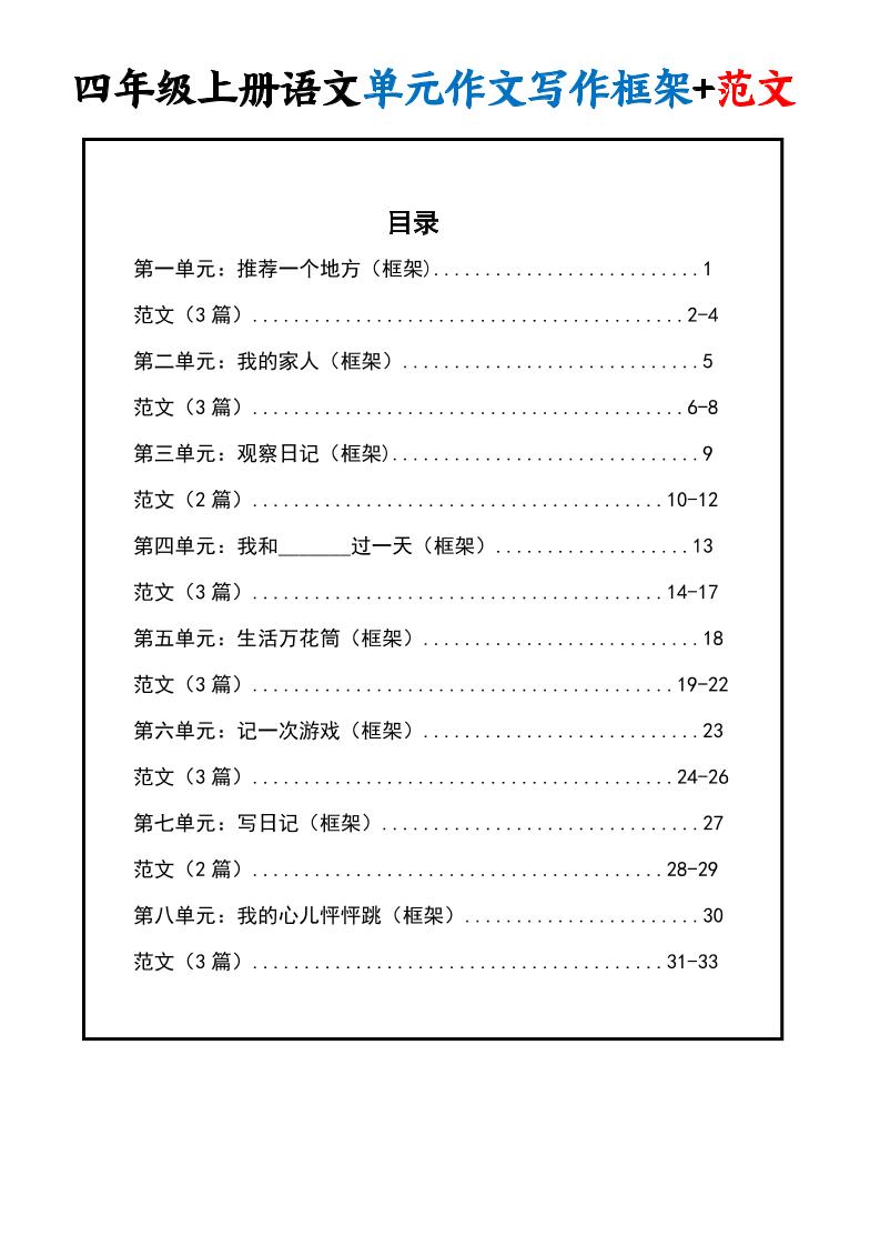 四上语文1-8单元作文写作框架+范文34页金榜学科-专注整理分享幼、小、初、高学科教资，一站式解决孩子学习资料难题，帮助孩子全方位提升成绩。金榜学科