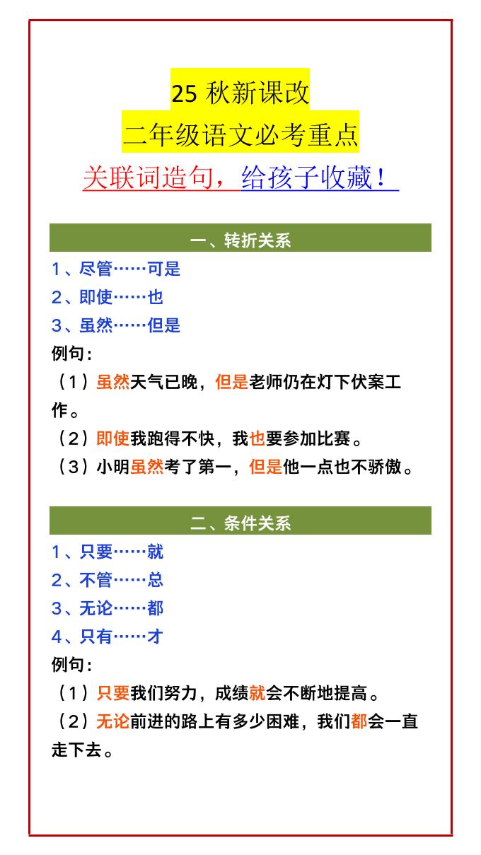 【2025秋新版】二年级语文必考重点关联词造句，给孩子收藏！-二上语文金榜学科-专注整理分享幼、小、初、高学科教资，一站式解决孩子学习资料难题，帮助孩子全方位提升成绩。金榜学科