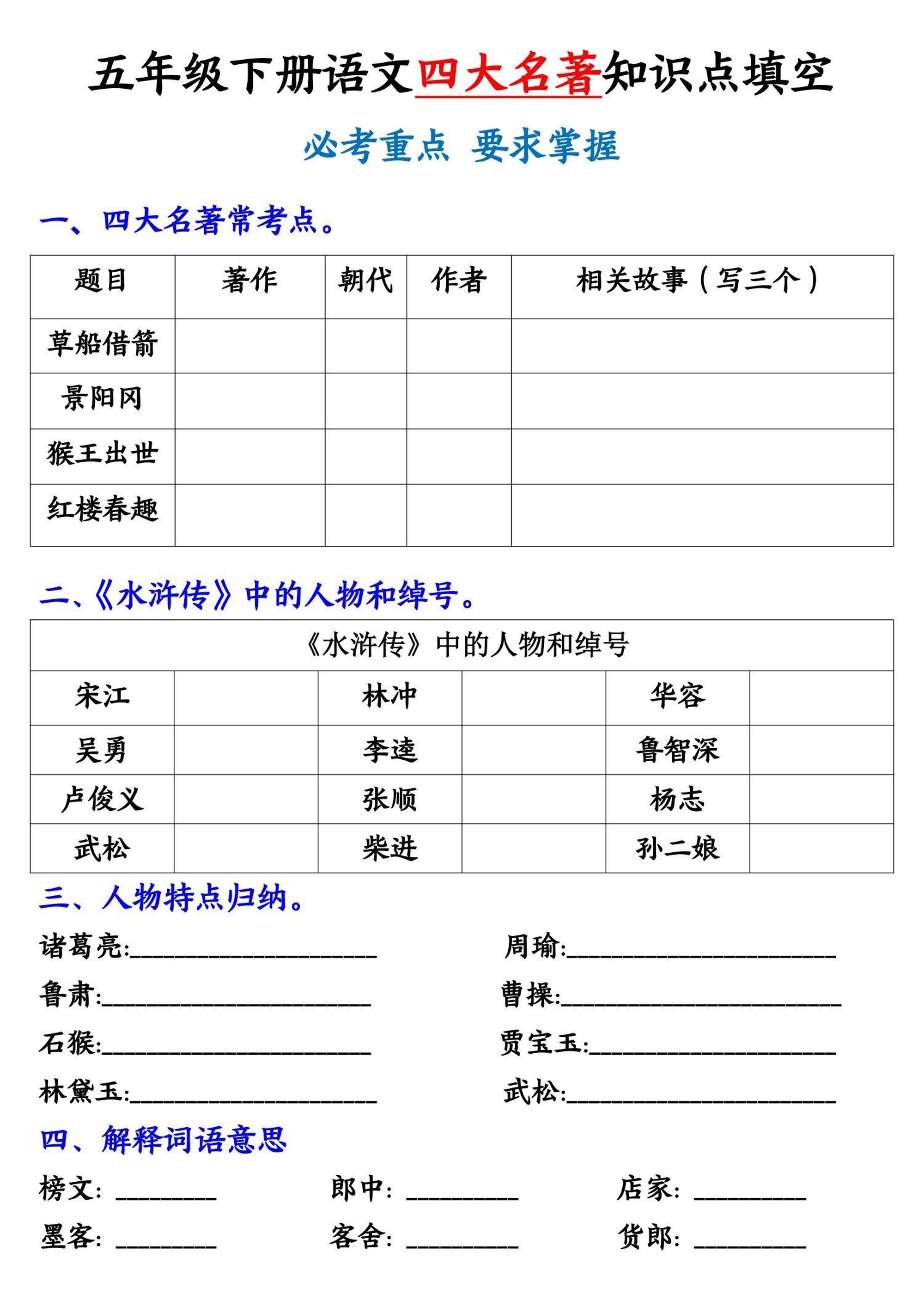 【《四大名著》知识点填空】五下语文金榜学科-专注整理分享幼、小、初、高学科教资，一站式解决孩子学习资料难题，帮助孩子全方位提升成绩。金榜学科