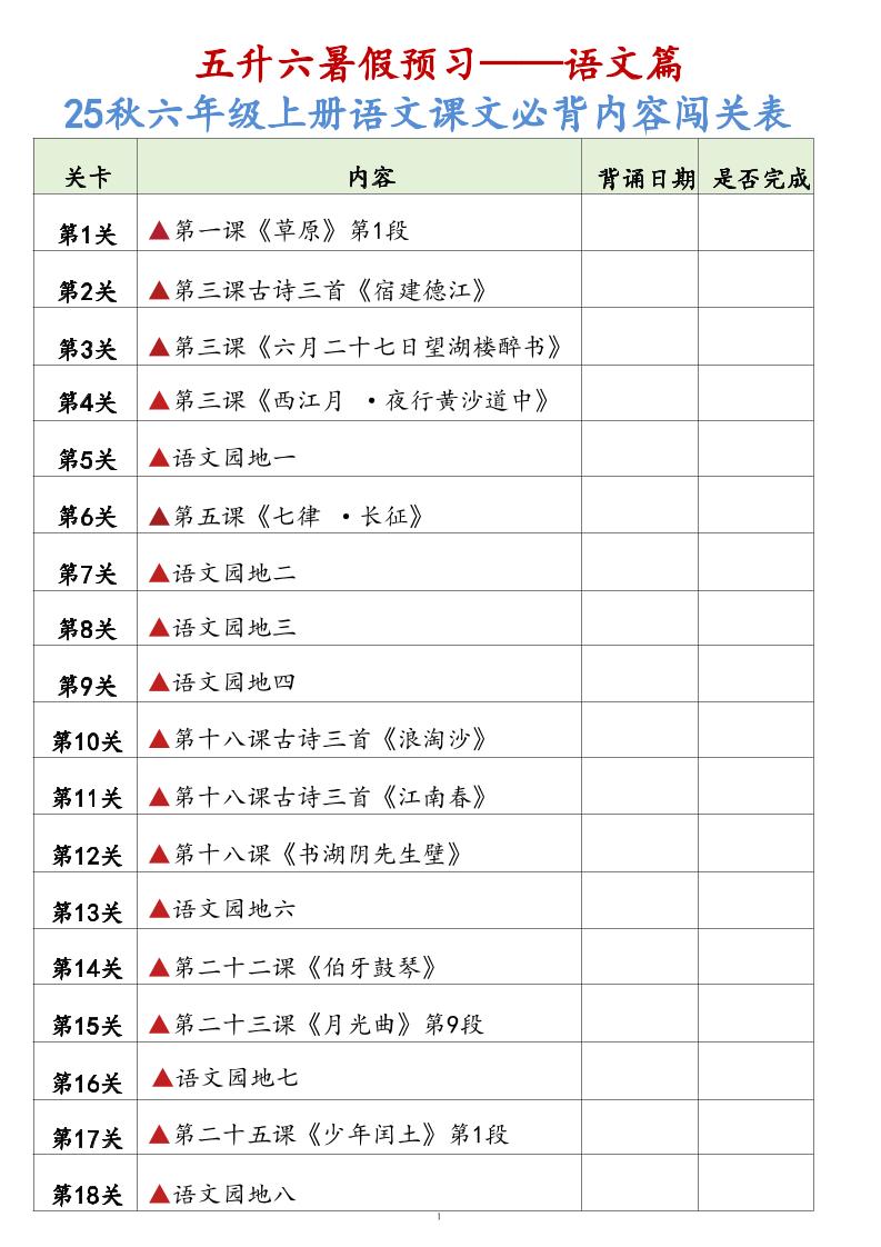 25秋六上语文课文必背内容背诵闯关表7页金榜学科-专注整理分享幼、小、初、高学科教资，一站式解决孩子学习资料难题，帮助孩子全方位提升成绩。金榜学科