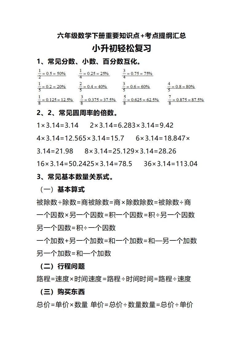 六下数学重要知识点+考点提纲汇总(1)金榜学科-专注整理分享幼、小、初、高学科教资，一站式解决孩子学习资料难题，帮助孩子全方位提升成绩。金榜学科