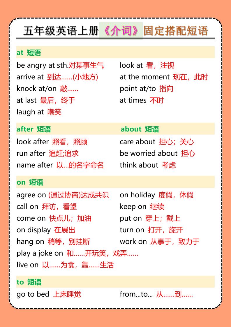 五年级英语上册《介词》固定搭配短语金榜学科-专注整理分享幼、小、初、高学科教资，一站式解决孩子学习资料难题，帮助孩子全方位提升成绩。金榜学科