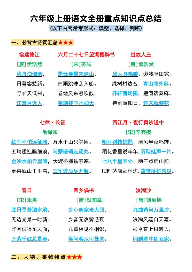 六上语文必背全册重点知识点总结11页金榜学科-专注整理分享幼、小、初、高学科教资，一站式解决孩子学习资料难题，帮助孩子全方位提升成绩。金榜学科