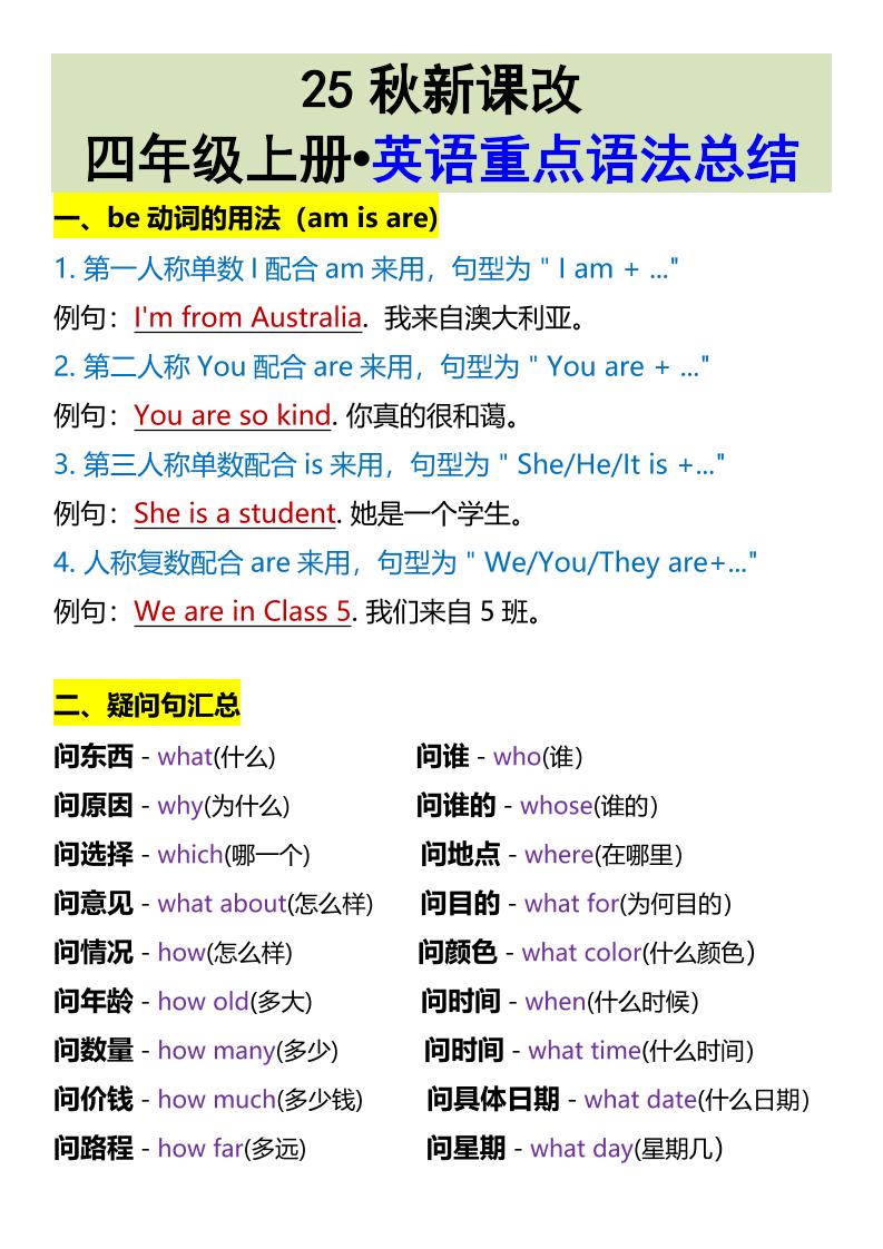 【2025秋新版】四年级上册•英语重点语法总结金榜学科-专注整理分享幼、小、初、高学科教资，一站式解决孩子学习资料难题，帮助孩子全方位提升成绩。金榜学科