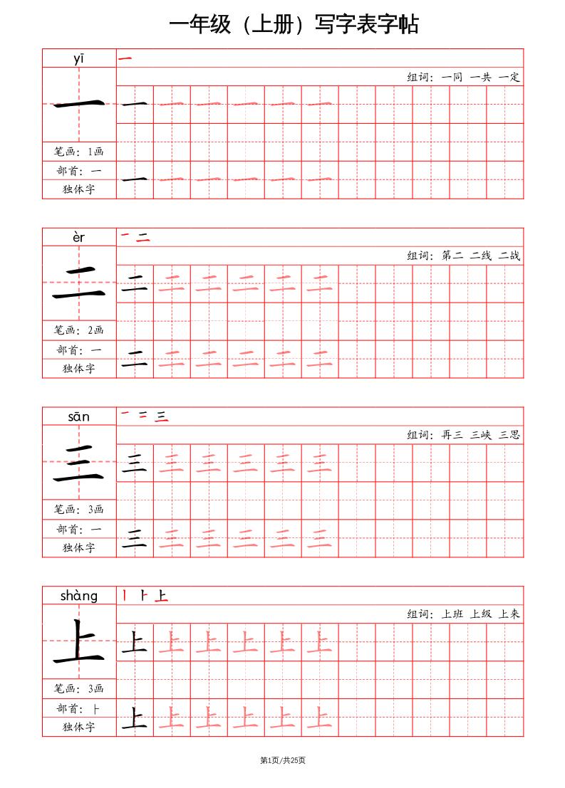 一上语文写字表字帖（笔画+部首+笔顺+组词）金榜学科-专注整理分享幼、小、初、高学科教资，一站式解决孩子学习资料难题，帮助孩子全方位提升成绩。金榜学科