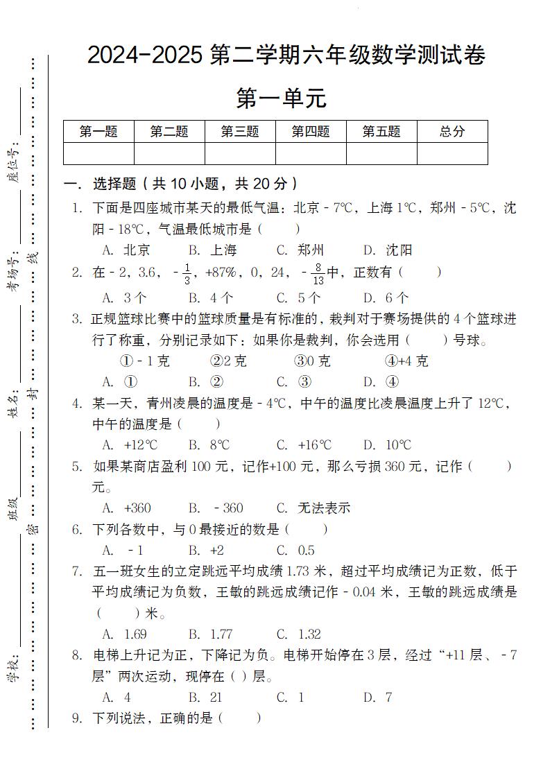 【人教版】2024-2025第二学期六年级下册数学测试卷第一单元金榜学科-专注整理分享幼、小、初、高学科教资，一站式解决孩子学习资料难题，帮助孩子全方位提升成绩。金榜学科