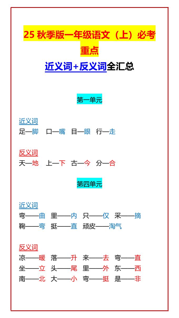 【2025秋新版】一年级语文上必考重点近义词+反义词全汇总金榜学科-专注整理分享幼、小、初、高学科教资，一站式解决孩子学习资料难题，帮助孩子全方位提升成绩。金榜学科