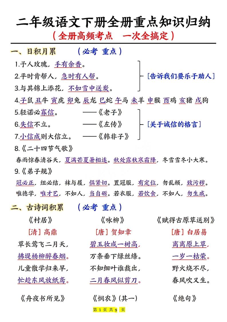 二下语文期末考试全册高频考点金榜学科-专注整理分享幼、小、初、高学科教资，一站式解决孩子学习资料难题，帮助孩子全方位提升成绩。金榜学科