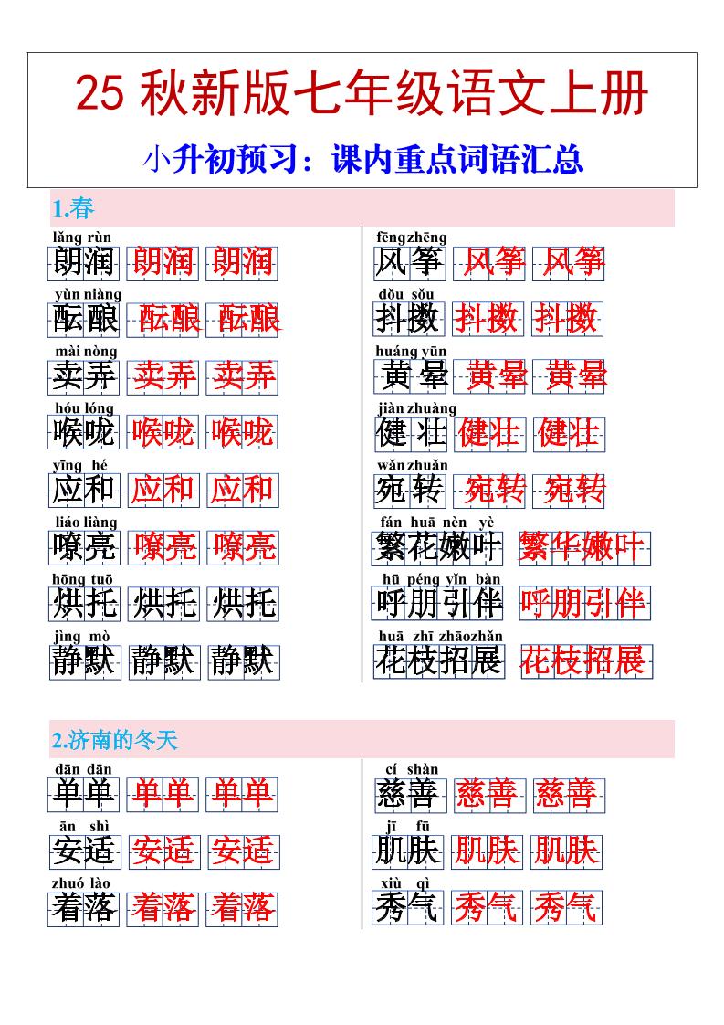 【2025秋新版】七年级上册语文课内重点词语汇总金榜学科-专注整理分享幼、小、初、高学科教资，一站式解决孩子学习资料难题，帮助孩子全方位提升成绩。金榜学科