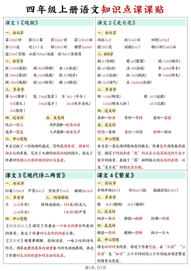 四上语文知识点课课贴7页金榜学科-专注整理分享幼、小、初、高学科教资，一站式解决孩子学习资料难题，帮助孩子全方位提升成绩。金榜学科