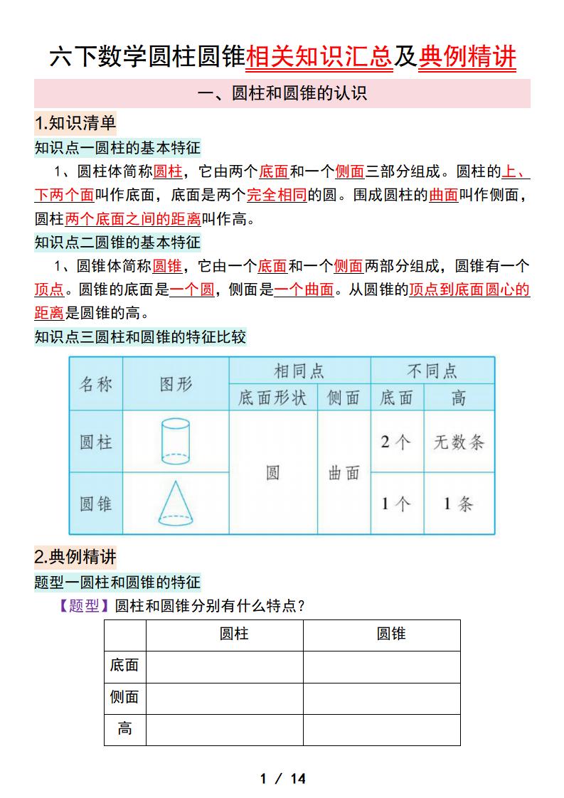 六下数学圆柱圆锥相关知识汇总及典例精讲金榜学科-专注整理分享幼、小、初、高学科教资，一站式解决孩子学习资料难题，帮助孩子全方位提升成绩。金榜学科