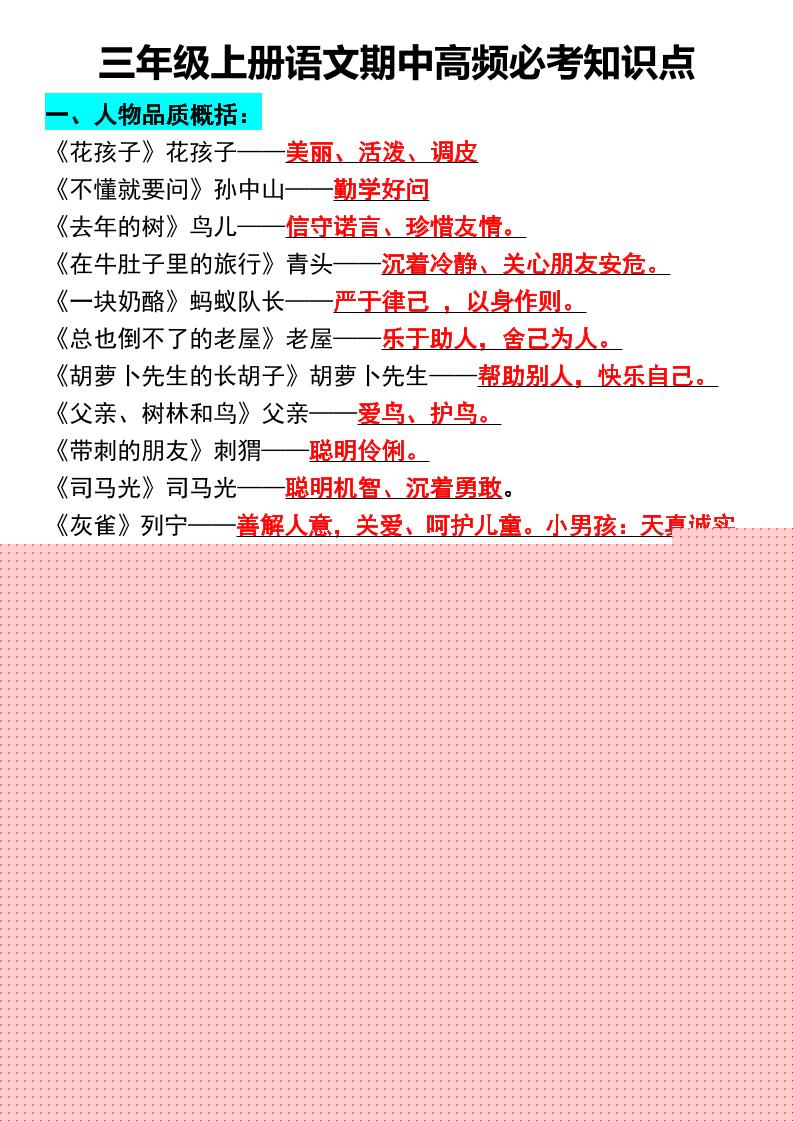 三年级上册语文期中高频必考知识点金榜学科-专注整理分享幼、小、初、高学科教资，一站式解决孩子学习资料难题，帮助孩子全方位提升成绩。金榜学科