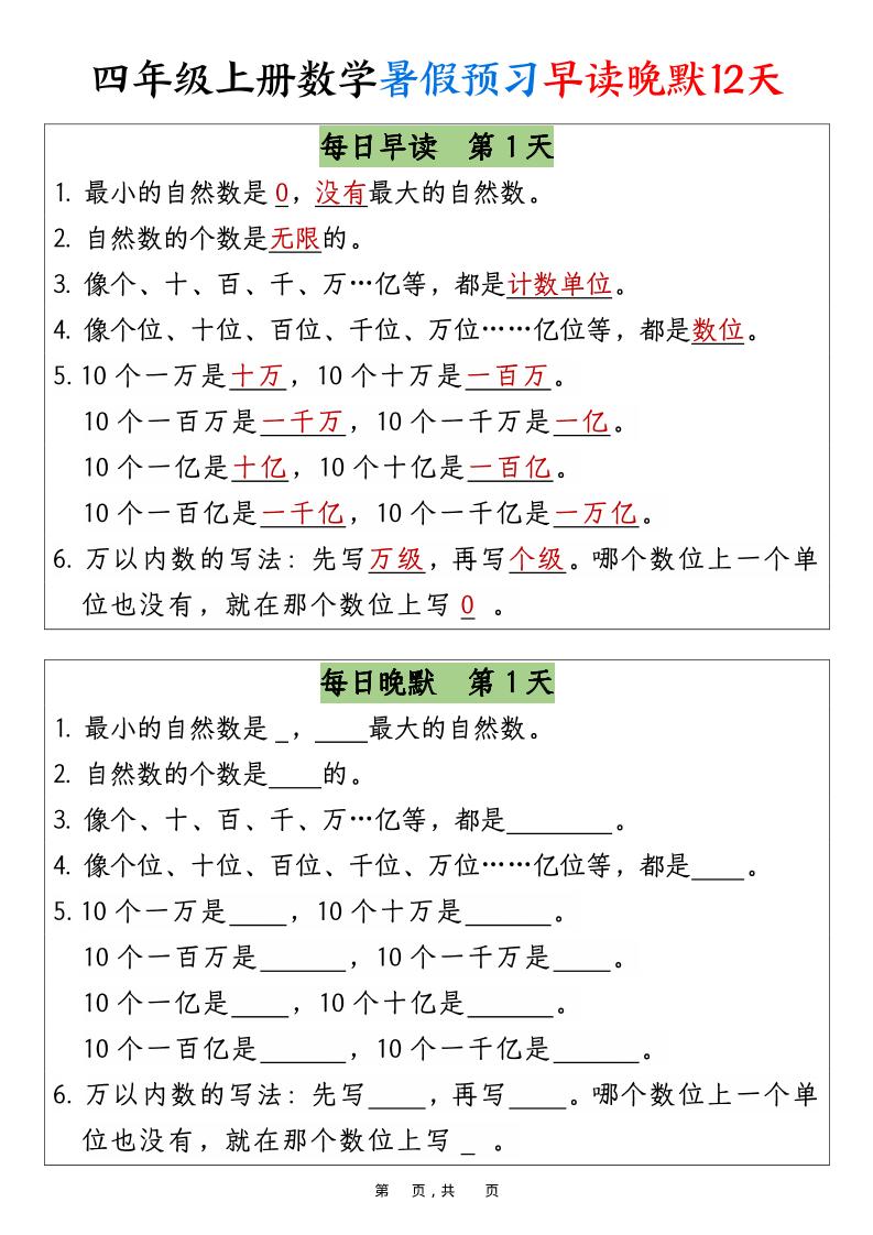 四上数学暑假预习早读晚默12天12页金榜学科-专注整理分享幼、小、初、高学科教资，一站式解决孩子学习资料难题，帮助孩子全方位提升成绩。金榜学科