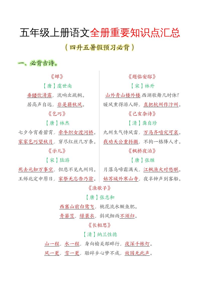 五年级语文上册全册重要知识点汇总金榜学科-专注整理分享幼、小、初、高学科教资，一站式解决孩子学习资料难题，帮助孩子全方位提升成绩。金榜学科